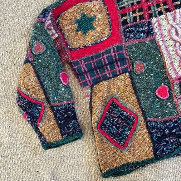 Vtg 90s Y2K Express Chunky Cardi Sweater Patchwork Wool Angora Blend Sz M Boho - Picture 4 of 11